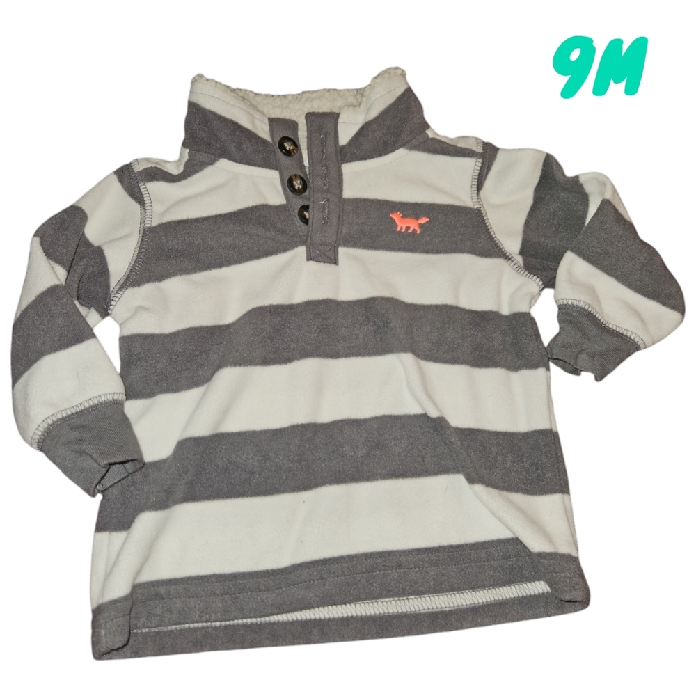 Carter Infant 9m Striped Pull Over Sweater Fleece Fox Button Fall Winter Gray